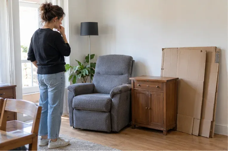 Une habitante trie un fauteuil, un petit meuble et des cartons pliés avant de demander un enlèvement d’encombrants