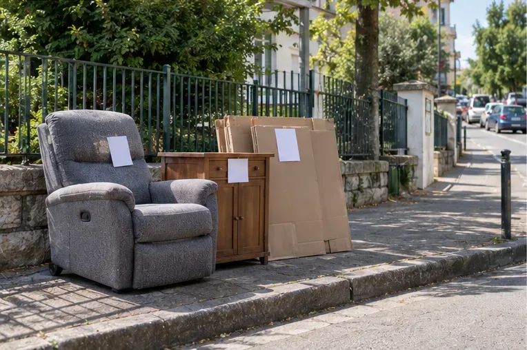 Un fauteuil, un petit meuble et des cartons pliés sont regroupés proprement en bord de trottoir avec une affichette sur chaque ensemble