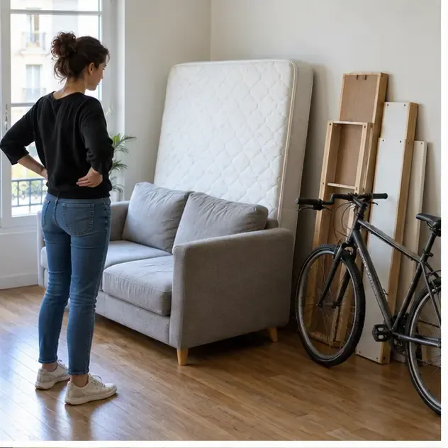 Personne examinant un canapé, un matelas, un vélo et des éléments de meuble dans un appartement