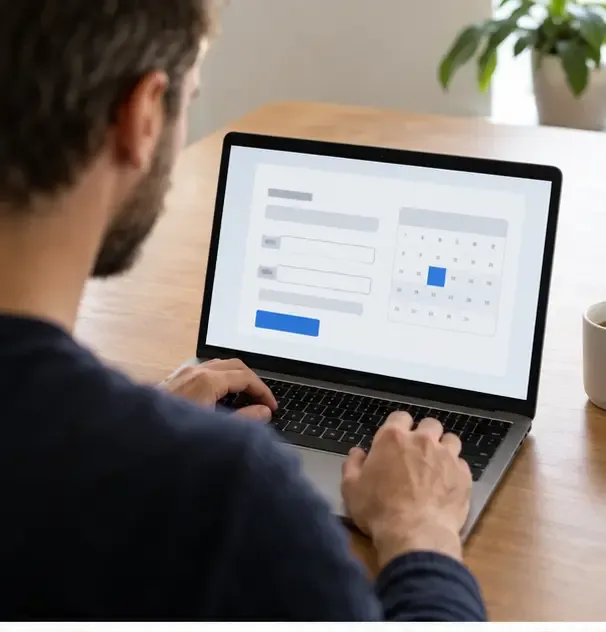Personne utilisant un ordinateur portable avec un formulaire et un calendrier génériques de prise de rendez-vous