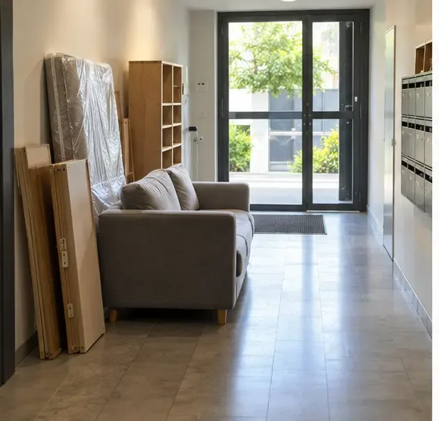 Canapé, matelas emballé et éléments de meuble rangés dans un hall intérieur sec et dégagé