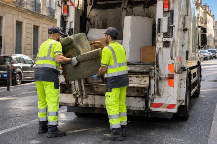 Deux agents de collecte chargent un fauteuil et un matelas dans un camion de ramassage des encombrants en ville.