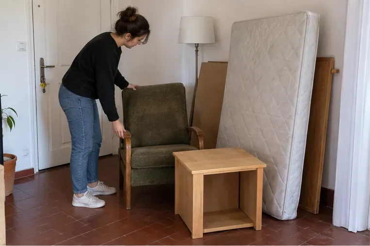 Un fauteuil, un matelas et un petit meuble sont regroupés dans un logement avant une demande d’enlèvement des encombrants à Marseille.