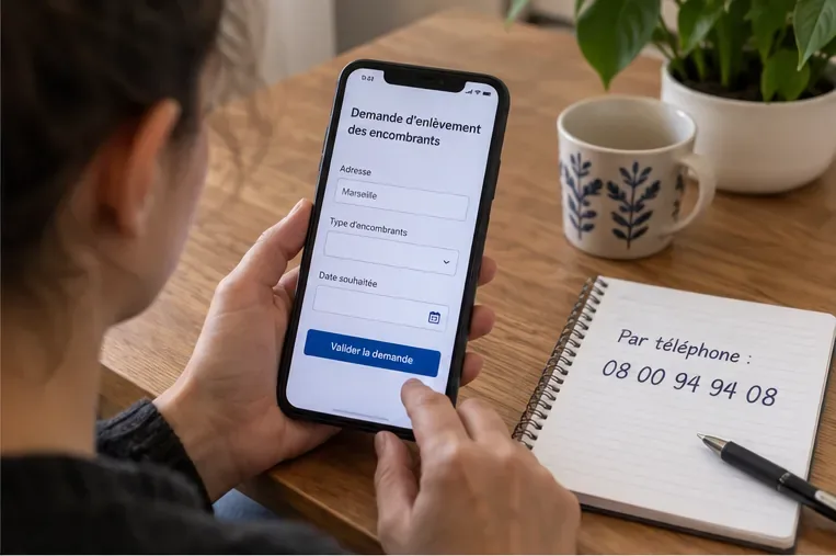 Une personne consulte sur son téléphone une demande d’enlèvement des encombrants et note le numéro 08 00 94 94 08.