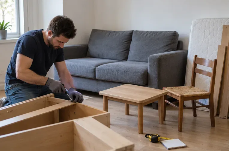Un particulier démonte un meuble en bois dans un salon avant de préparer des encombrants pour la collecte