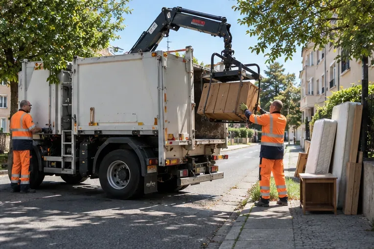 Deux agents de collecte chargent des meubles dans un camion équipé d’une grue dans une rue résidentielle