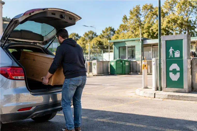 Un habitant transporte un meuble en voiture vers un site de déchèterie gardienné