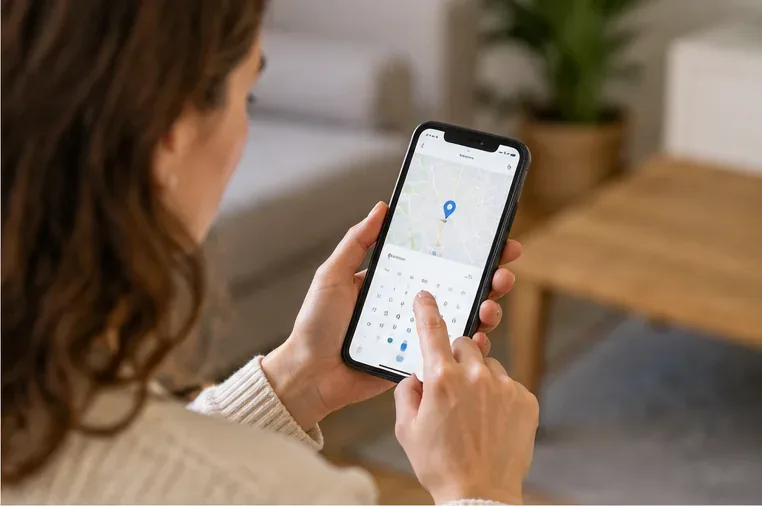 Une habitante consulte une carte et saisit une adresse sur son téléphone pour vérifier le jour de collecte des encombrants