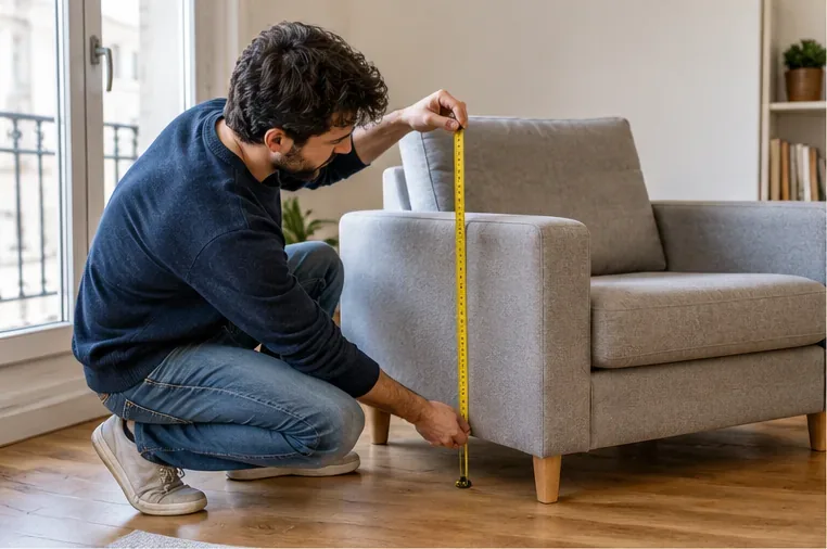Un habitant mesure un fauteuil avec un mètre avant de vérifier s’il respecte les limites de collecte des encombrants à Montpellier