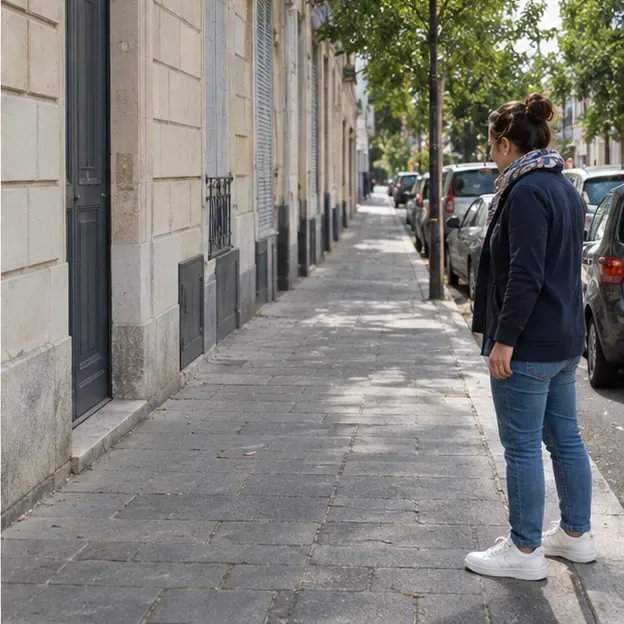 Une personne regarde un trottoir résidentiel entièrement dégagé après le retrait de meubles volumineux.