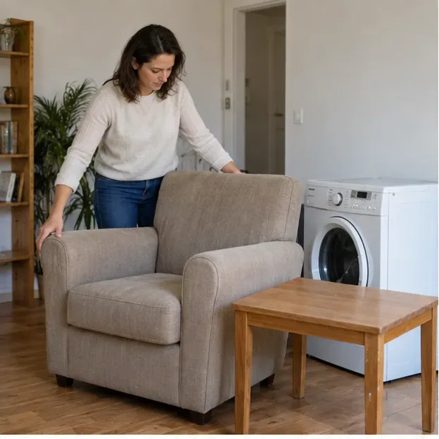 Une personne examine un fauteuil volumineux, une petite table et un lave-linge avant de préparer une demande d’enlèvement d’encombrants à Nantes.