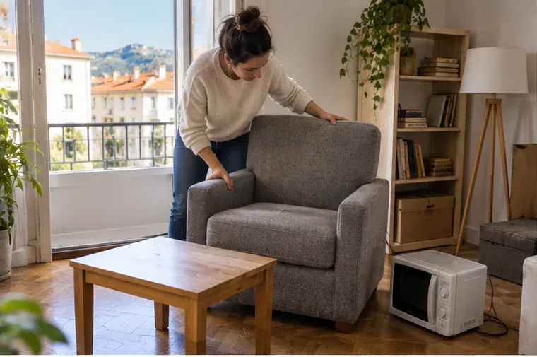 Une personne examine un fauteuil et un petit appareil électroménager dans un appartement avant de décider de leur mode d'évacuation