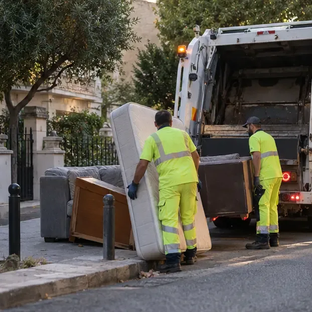 Deux agents en tenue de sécurité chargent des meubles et un matelas dans un camion de collecte