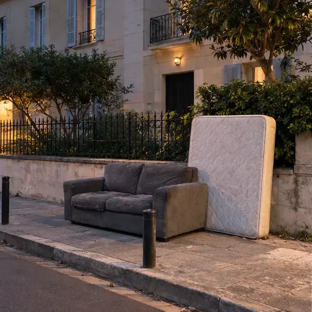 Un canapé et un matelas sont posés devant une maison au crépuscule, avec un passage piéton encore visible