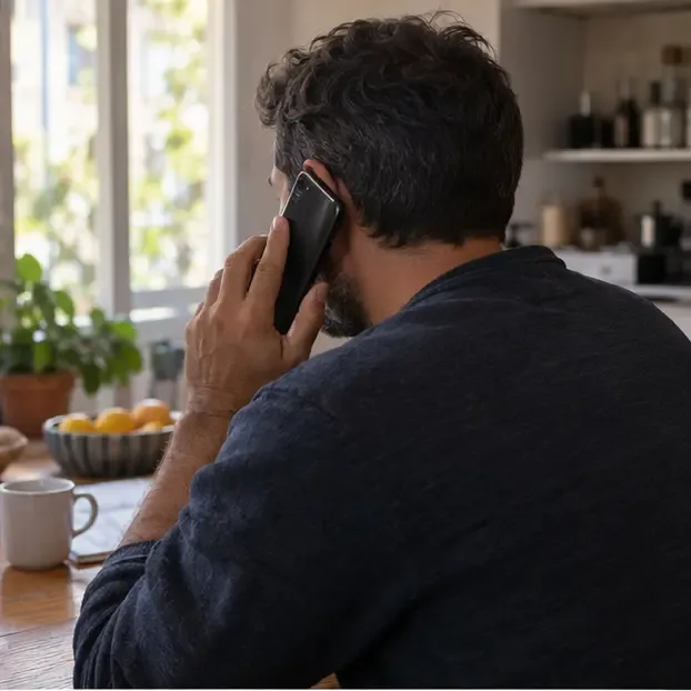 Un habitant téléphone depuis sa cuisine pour contacter un service de collecte des déchets volumineux