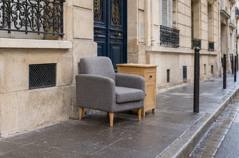 Fauteuil gris et petit meuble déposés contre une façade sur un trottoir parisien