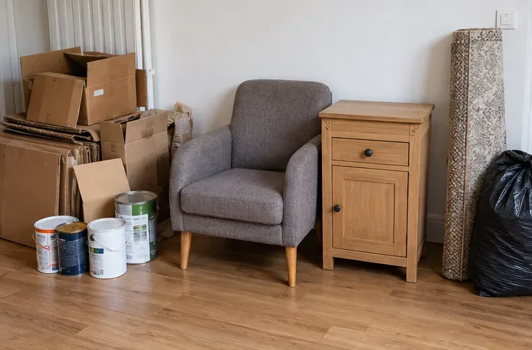 Fauteuil, petit meuble, cartons, pots de peinture et autres objets regroupés dans une pièce avant le tri