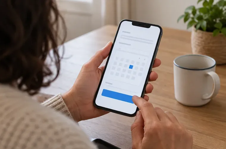 Personne utilisant un smartphone affichant un formulaire avec calendrier pour choisir un rendez-vous