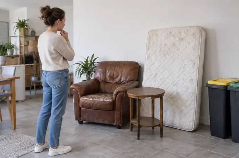 Une habitante trie un fauteuil, un matelas et une petite table dans une pièce avant une demande d'enlèvement