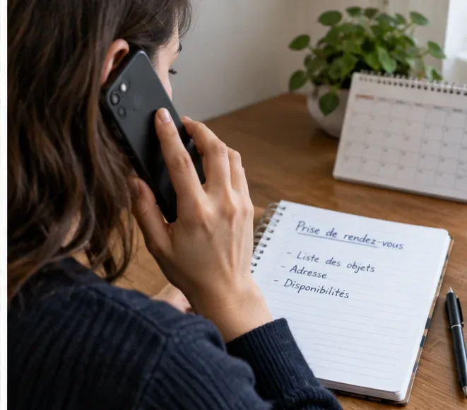 Personne téléphonant pour fixer un rendez-vous d’enlèvement avec une liste d’objets, son adresse et ses disponibilités