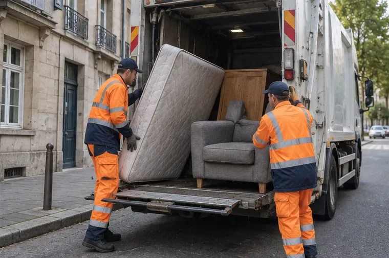 Deux agents de collecte chargent un matelas et un fauteuil dans un camion de ramassage sur une rue urbaine.