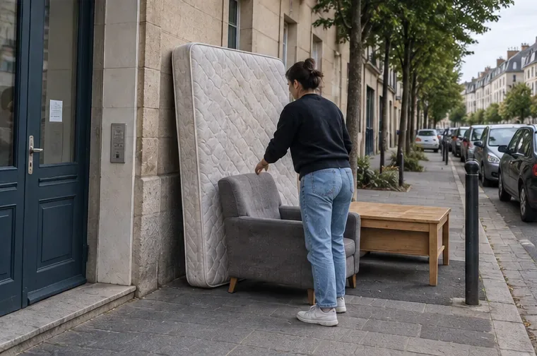 Une femme place un matelas, un fauteuil et une table basse sur le trottoir devant un immeuble, le jour prévu pour la collecte.