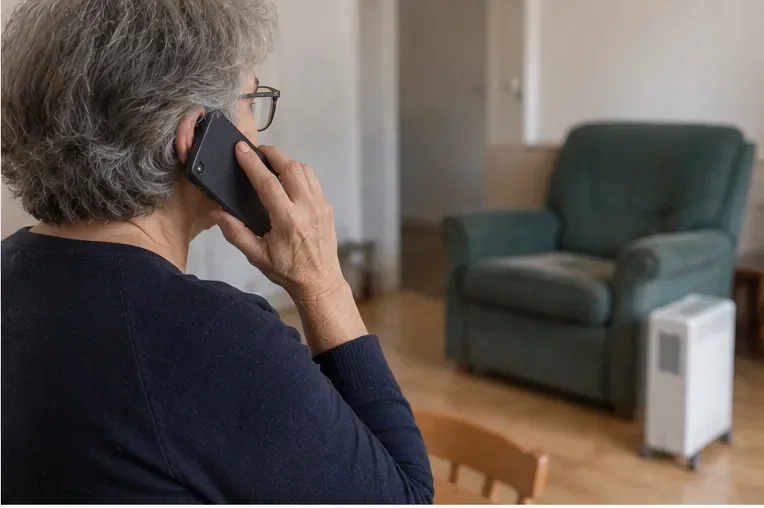 Une personne âgée téléphone depuis son logement avec des objets volumineux visibles derrière elle