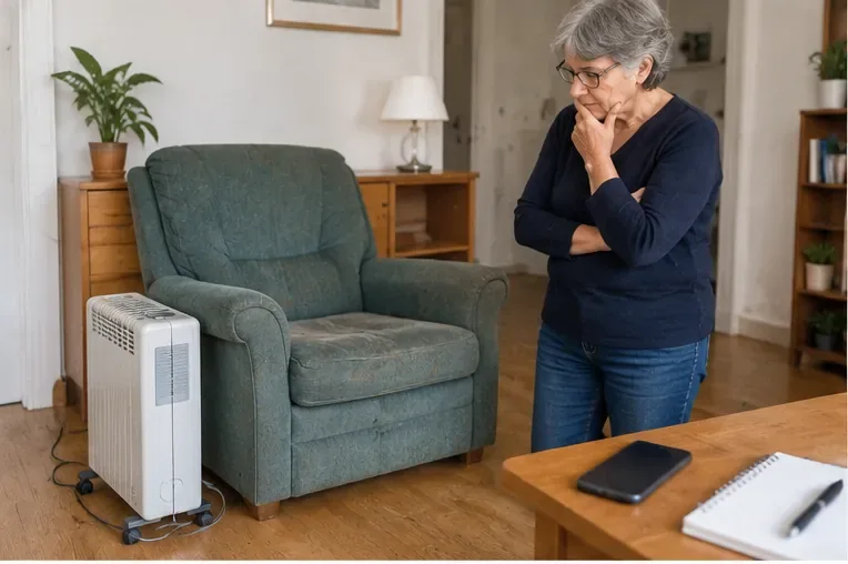Une personne âgée regarde un fauteuil et un radiateur électrique encombrants dans son logement