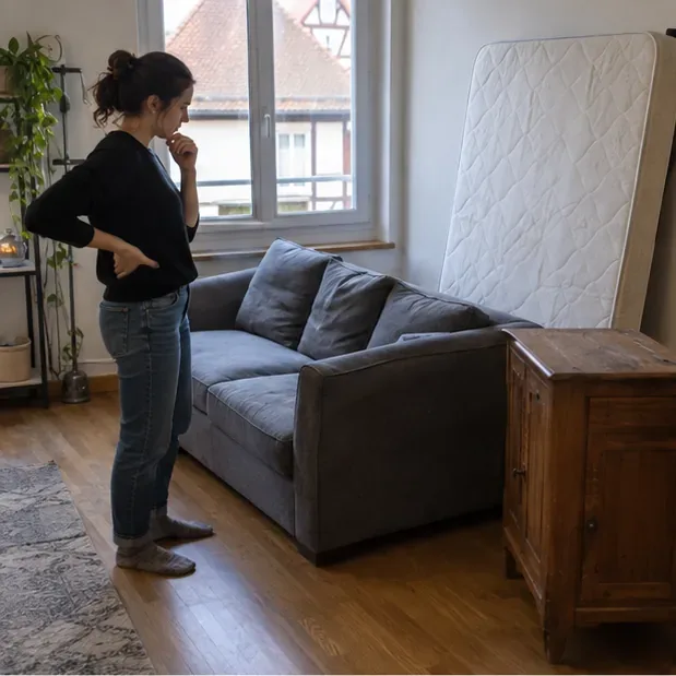 Une habitante examine un canapé et un meuble dans son appartement avant de préparer une demande de collecte.
