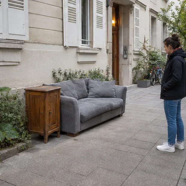 Un canapé et un petit meuble sont déposés contre la façade d’un immeuble, avec une habitante à proximité.