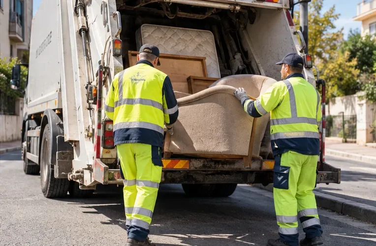 Deux agents chargeant un fauteuil et des meubles volumineux dans un camion de collecte