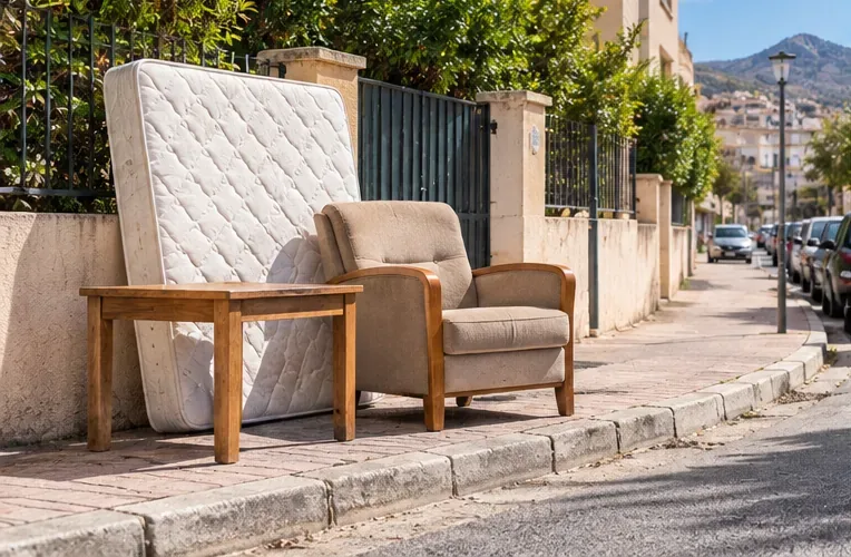 Matelas, fauteuil et petite table déposés ensemble au bord d’un trottoir sans bloquer le passage