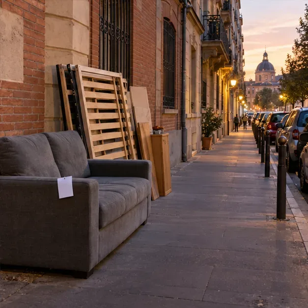 Un canapé et des lattes de lit sont déposés le long d’un immeuble toulousain avec un passage piéton dégagé