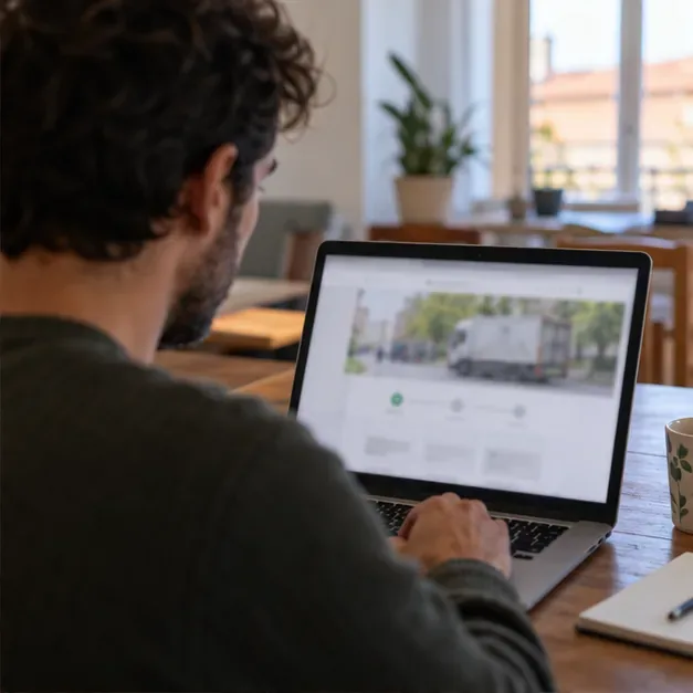 Un habitant utilise un ordinateur portable chez lui pour préparer une demande de collecte municipale