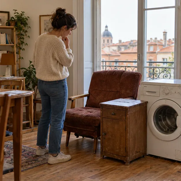 Une habitante examine un fauteuil, une commode et un lave-linge usagés dans son appartement