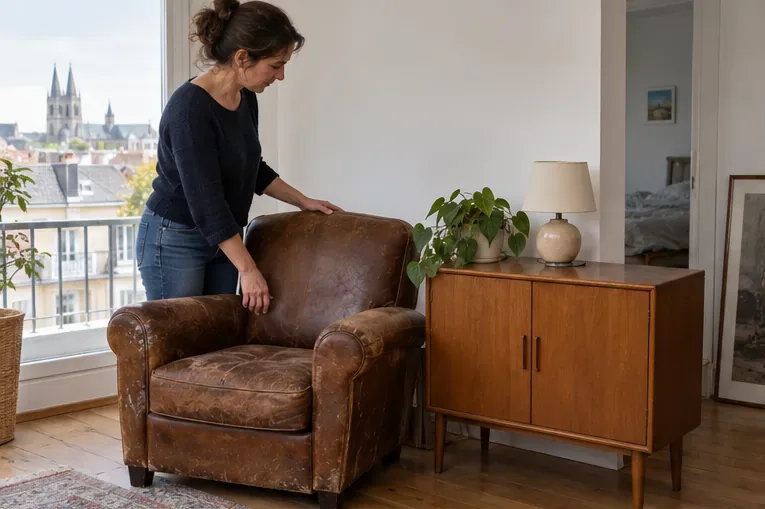 Dans un séjour, une femme examine un fauteuil usé et un buffet bas en bois.