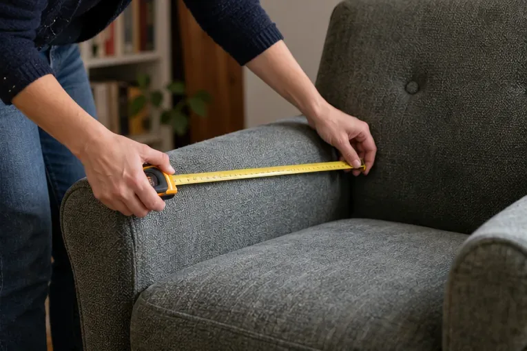 Des mains posent un mètre ruban sur le dossier d’un fauteuil gris.