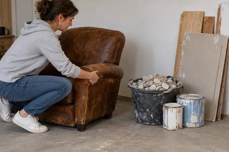 Une femme déplace un fauteuil près d’un seau de gravats et de pots de peinture.