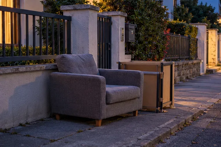 Un fauteuil et une petite table sont posés au crépuscule sur un trottoir devant une clôture résidentielle.