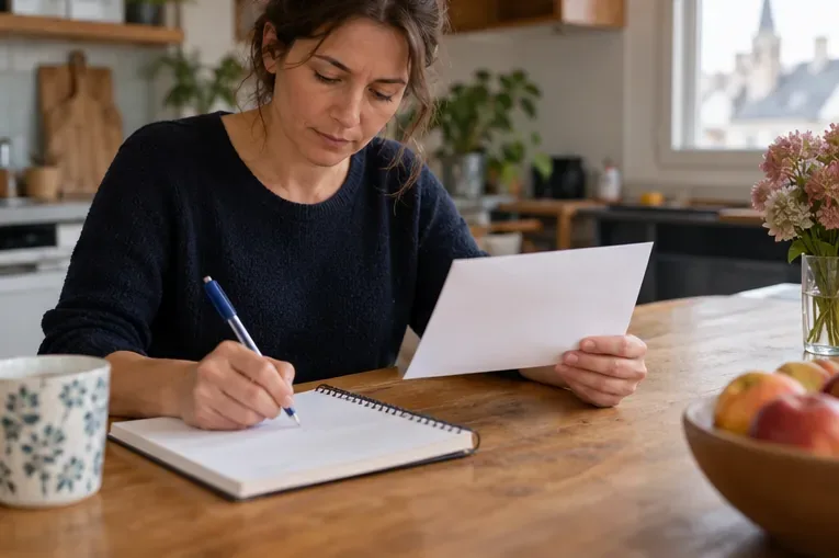 Une femme écrit dans un carnet à côté d’une feuille et d’une tasse sur une table.