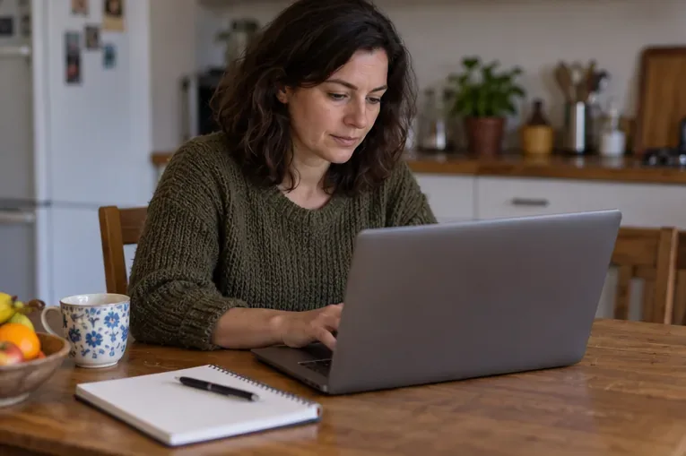 Une femme utilise un ordinateur portable à une table de cuisine, avec un carnet ouvert à côté.