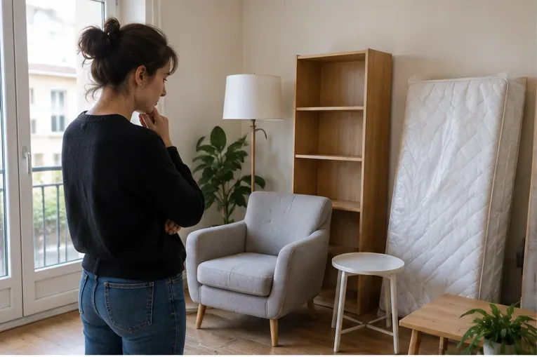 Une habitante examine plusieurs meubles volumineux dans son logement avant de décider lesquels faire enlever