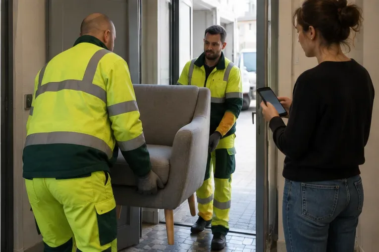 Deux agents transportent un fauteuil depuis l’entrée d’un logement pendant que l’habitante reste présente