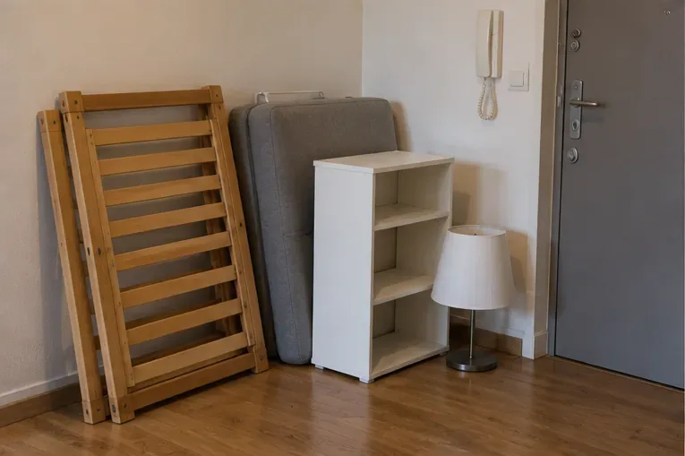 Un sommier démonté, un petit meuble et un matelas sont rangés proprement près de l’entrée d’un appartement