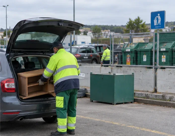Un agent manipule un petit meuble en bois près d’un véhicule dans un centre de recyclage