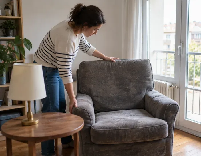 Une personne examine un fauteuil volumineux dans son logement avant de choisir une solution de collecte