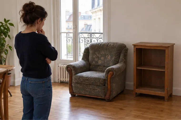 Une habitante observe un fauteuil usagé et une petite armoire vide dans son appartement