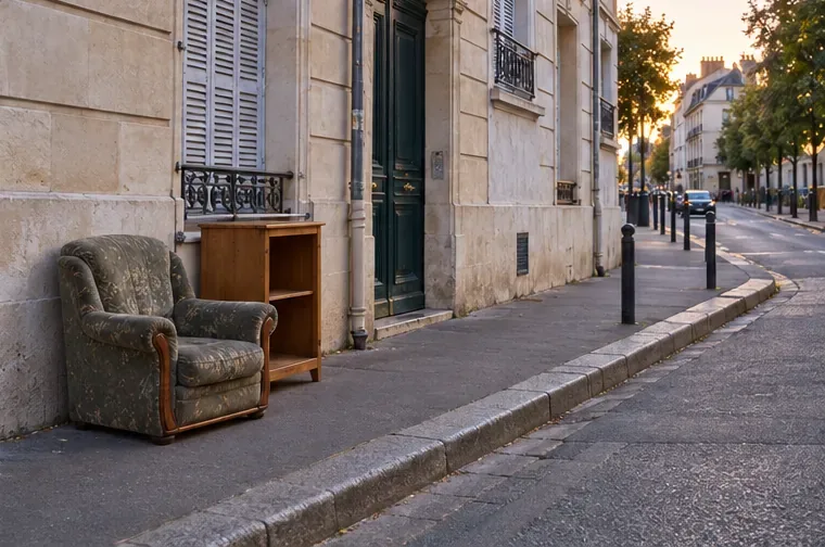 Un fauteuil et une armoire vides sont disposés contre un mur sur un trottoir laissant le passage libre