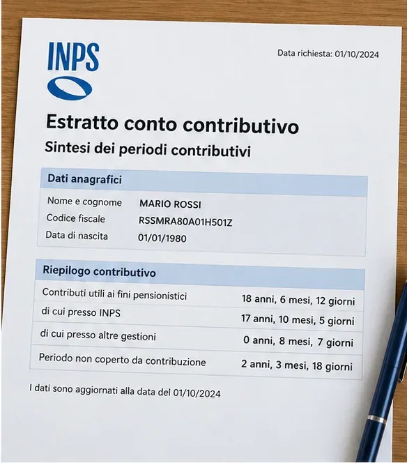 Esempio di riepilogo dei periodi contributivi con dati anagrafici e sintesi della posizione previdenziale
