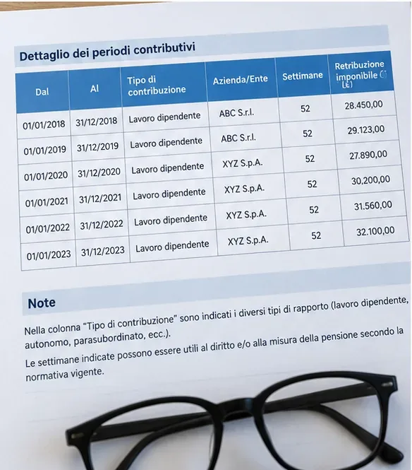 Esempio di tabella con periodi contributivi, tipo di contribuzione, azienda, settimane e retribuzione imponibile